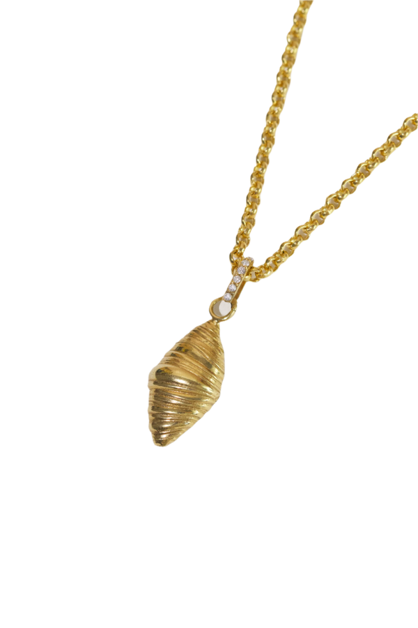 Gold shell pendant necklace on a white background