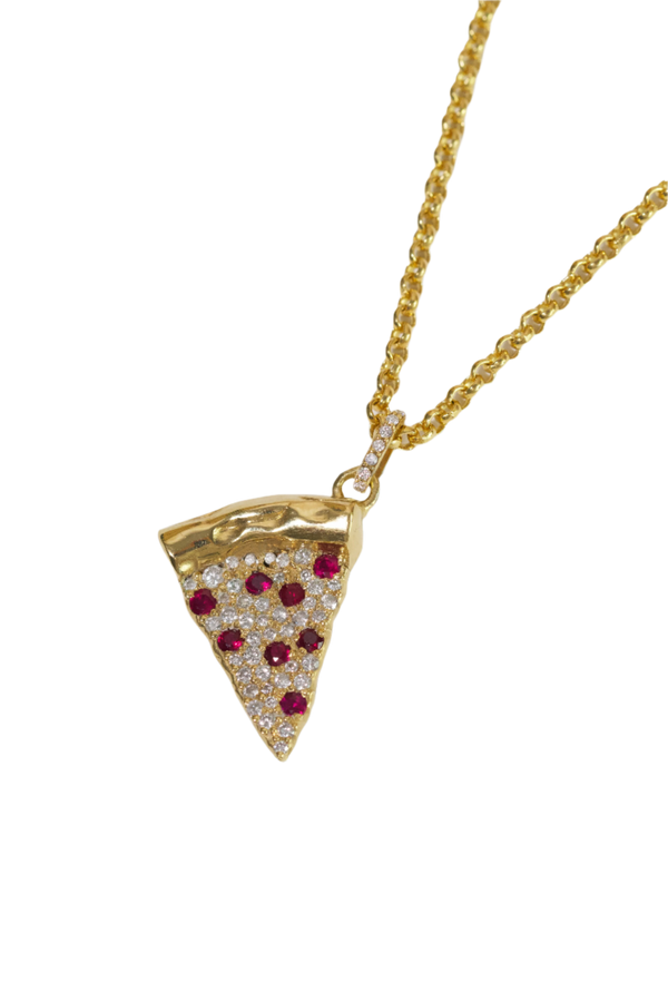 Gold necklace with a pizza slice pendant on a white background