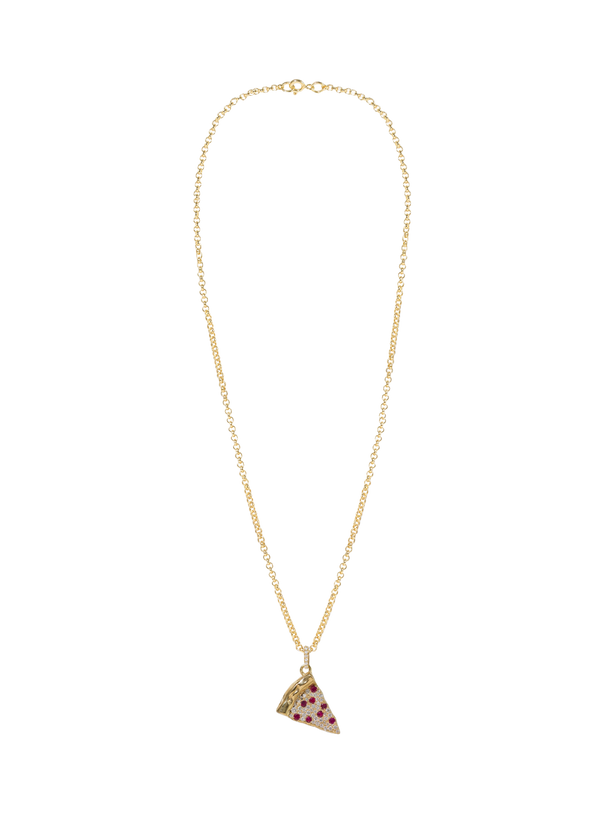 Necklace with a pizza slice pendant on a white background