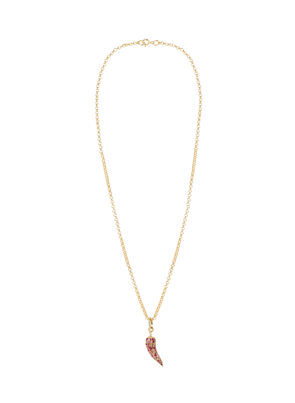 Gold necklace with a pink pendant on a white background